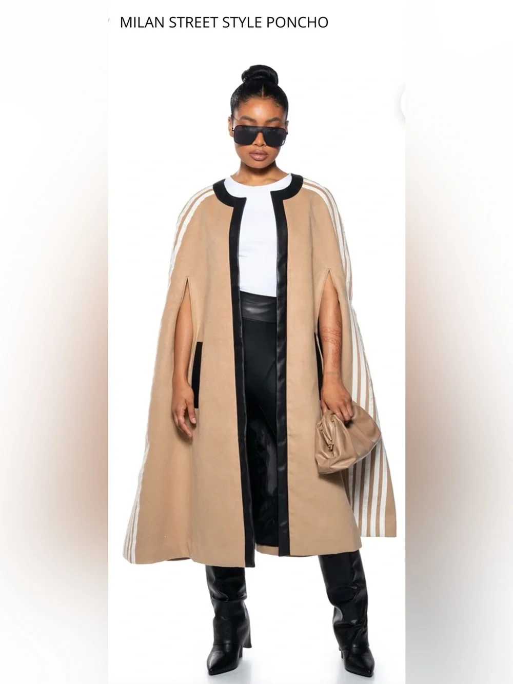 AKIRA Milan Street Style Poncho With Black Trim And White Stripes